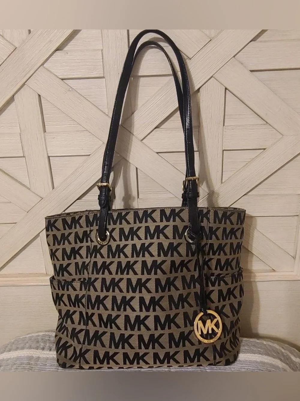 Michael Kors Beige and Black MK Logo Tote